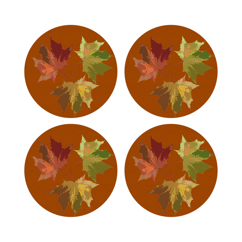Autumn Leaves Rust Vegan Leather Round Coasters, Rust