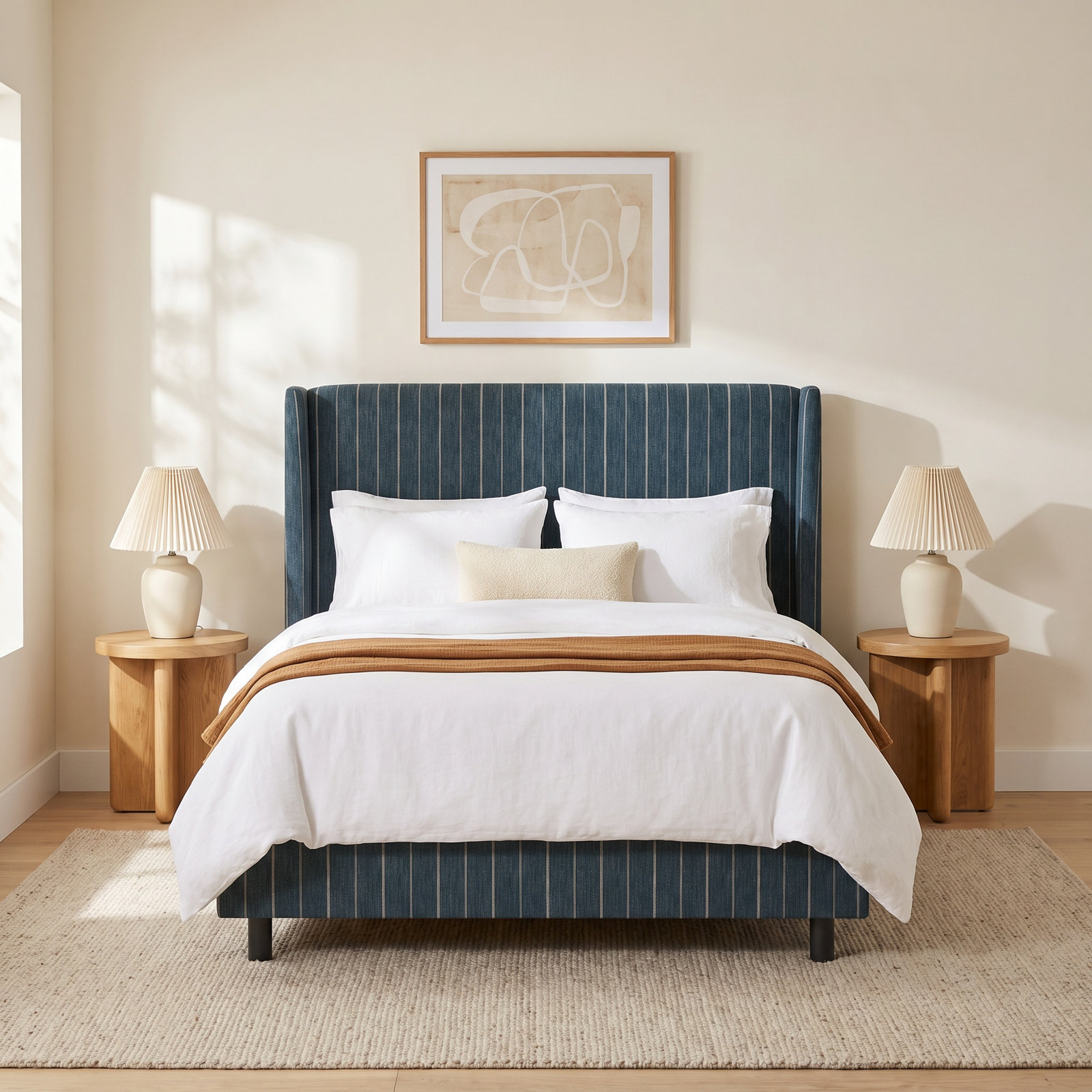 Tilly Upholstered Wingback Bed, King, Fritz Indigo Stripe
