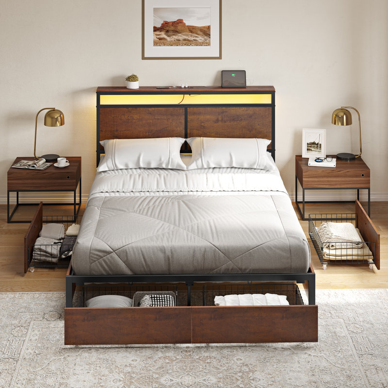 Modern Full Bed with 4 Drawers and Open Storage Headboard, Adjustable LED Light and Charging Station, No Box Spring Needed