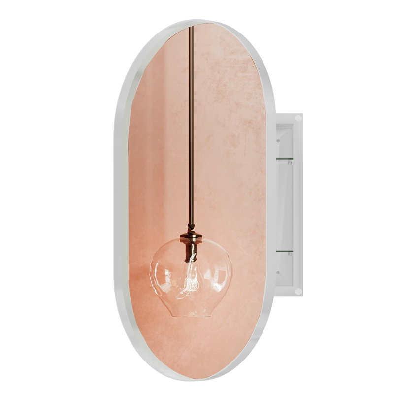 Metal Framed Oval Recessed Bathroom Storage Cabinet - 20X34 Inch With Mirror And Adjustable Shelves, White 20.45X4.43 Wall For Compact