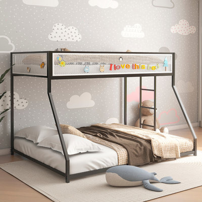 Twin Full Bunk Bed Metal Black With White Mesh Guard Rail For Kids And Adult, Low Profile And Easy Climbing With Stable Ladder