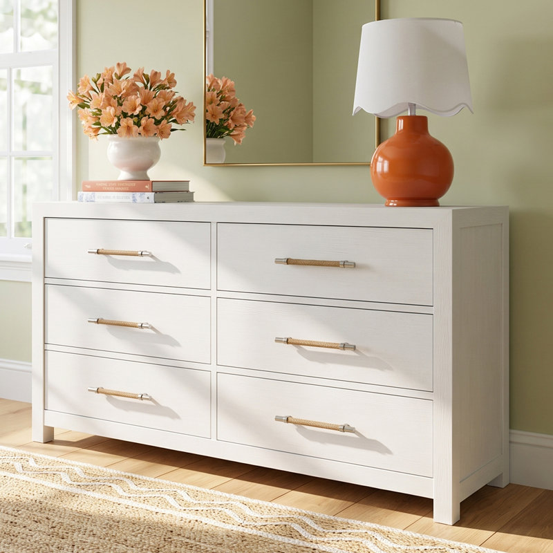 Lana 6-Drawer Double Dresser with Felt-Lined Top Drawers and Metal Glides, White