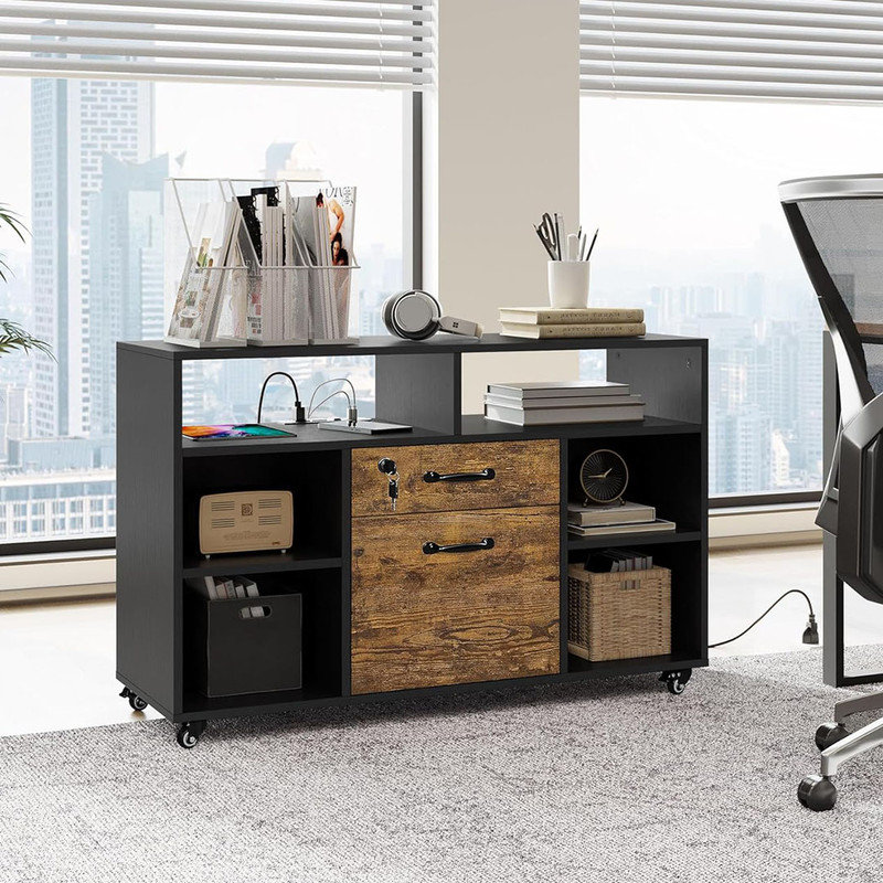 File Cabinet Filing Cabinets with Socket, USB Charging Port and 2 Drawers, Lateral Printer Stand Fits for Home Office Black/Rustic Brown