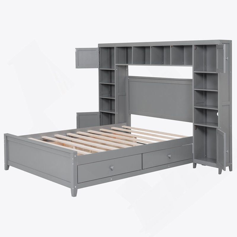 Full Size Wooden Bed With All-In-One Cabinet And Shelf, Gray
