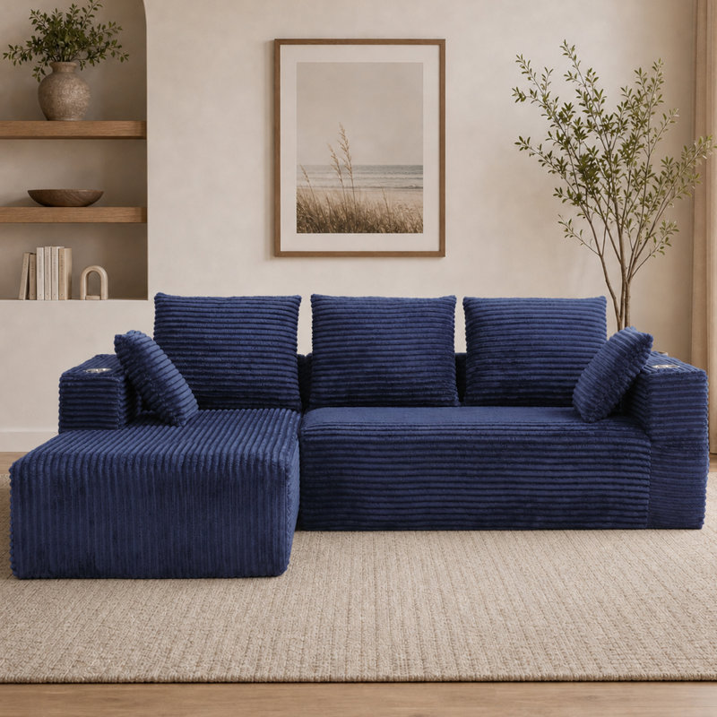 Canapé modulaire de 95 po avec méridienne en forme de L, conception à quatre places sans os, Velours côtelé bleu, Blue