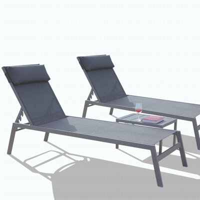 Patio Chaise Lounge Set, 3 Pieces Adjustable Backrest Pool Lounge Chairs Steel PVC-coated polyester Sunbathing Recliner With Headrest (Blue.2 Lounge Chairs+1 Table)