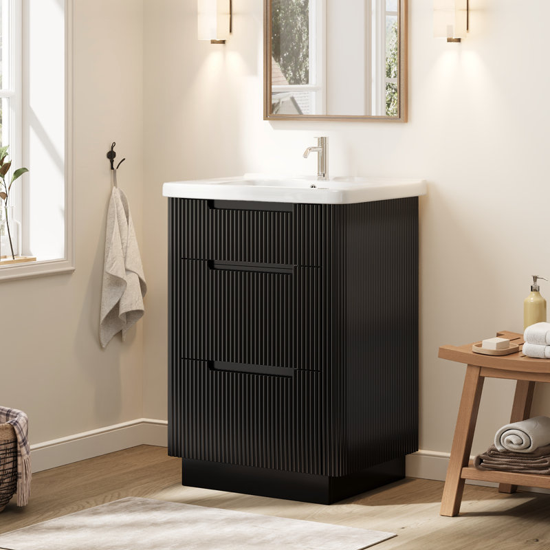 24" Single Bathroom Vanity With Fluted Panel Design And  Ceramic Sink, Black