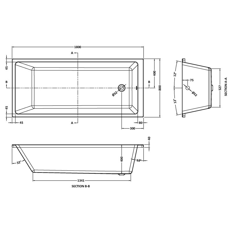 Linton x Drop-In Soaking Acrylic Bathtub, 40cm H x 80cm W x 180cm L