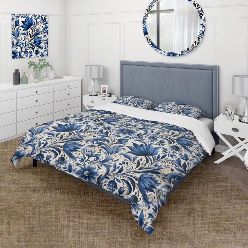 Ensemble de housse de couette VI bleu cobalt et blanc à motif floral victorien