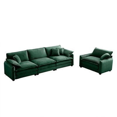 Ensemble de canapé Mid-Century moderne de deux, un canapé 3 places et un canapé simple avec 2 accoudoirs et 4 coussins décoratifs, ensemble de canapé 2 pièces pour le salon, tissu en velours côtelé vert