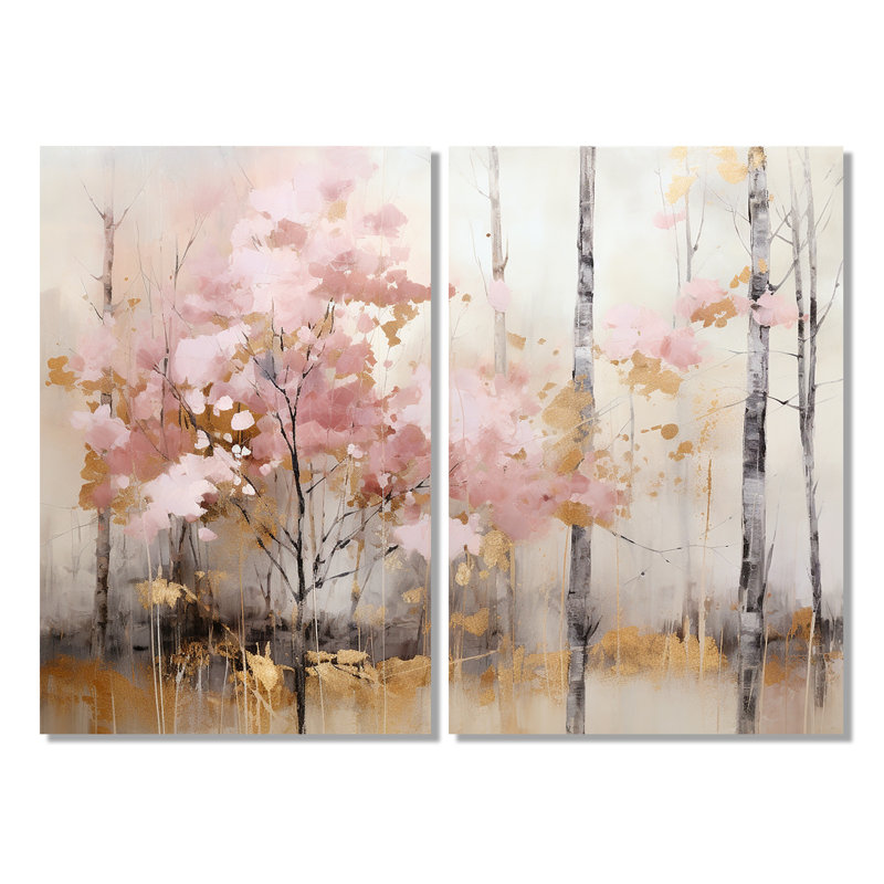 Minimalisme rose et forêt dorée - impressions sur toile beiges 2 panneaux, H 36 po x l 48 po, Toile tendue, Ne s’applique pas