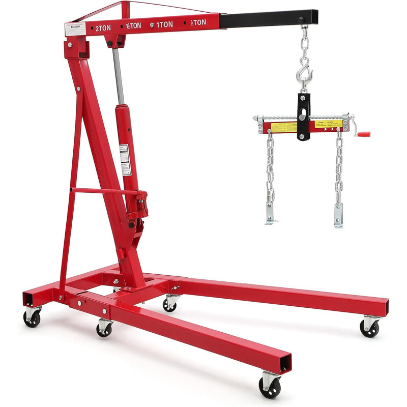 Grue de moteur de 2 tonneaux, grue pliante hydraulique de ramassage de cerise avec 6 roulettes et flèche télescopique, grue robuste pour les ateliers de réparation automobile, les ateliers, les entrepôts, rouge avec levier
