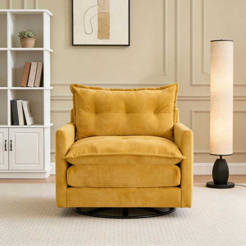 Fauteuil rembourré épais avec base en métal solide, fauteuil simple confortable, fauteuil d'appoint pivotant, Jaune moutarde