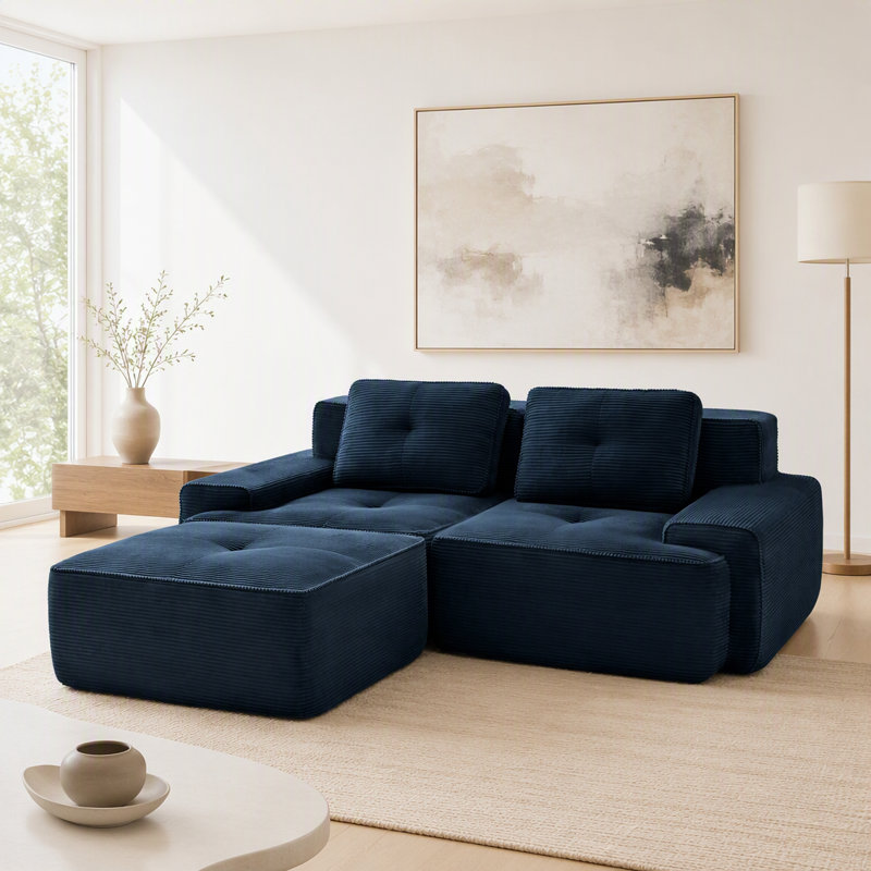 Canapé d'angle modulaire moderne en forme de L de 208 cm (82 pouces), en tissu velours côtelé, assise profonde, pouf amovible, livré monté, design antidérapant