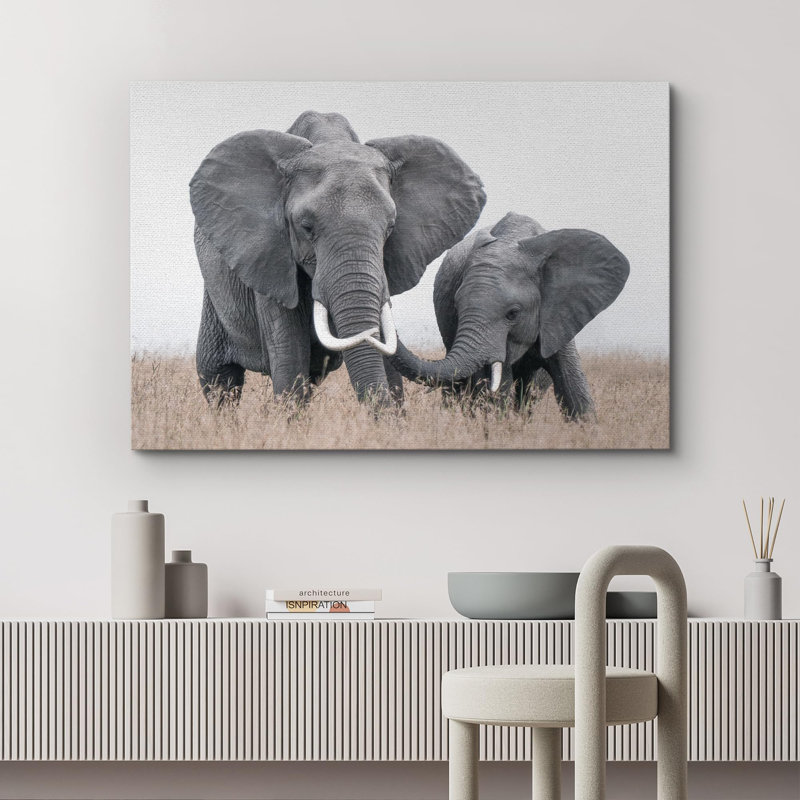 Animaux, safari, jungle, éléphant, maman, enfant, sur toile, Toile tendue, H 32 po x l 48 po x P 1,5 po