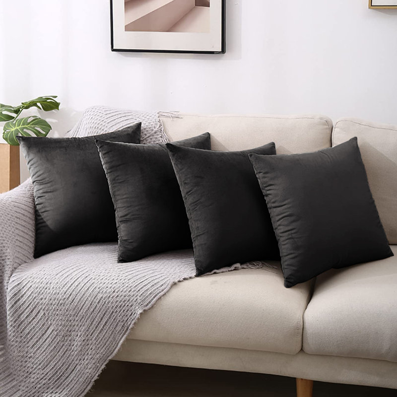 Square Luxury Velvet Throw Cushion Covers for sofa, couch set of 4, Black