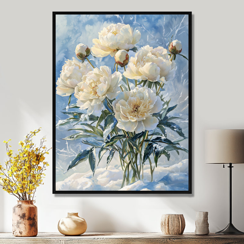 Frost Kissed Peony II - pivoines, art mural, Noir, Reproduction avec cadre flottant, H 20 po x l 12 po