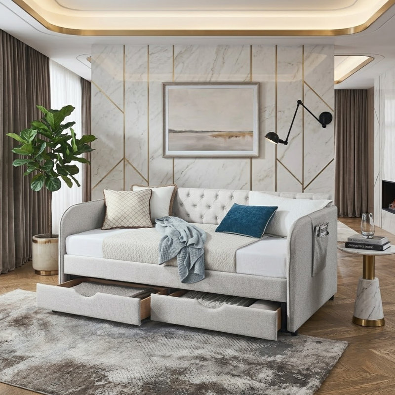 Lit de jour 80,5 po en lin Mid-Century rembourré avec tiroirs, Beige
