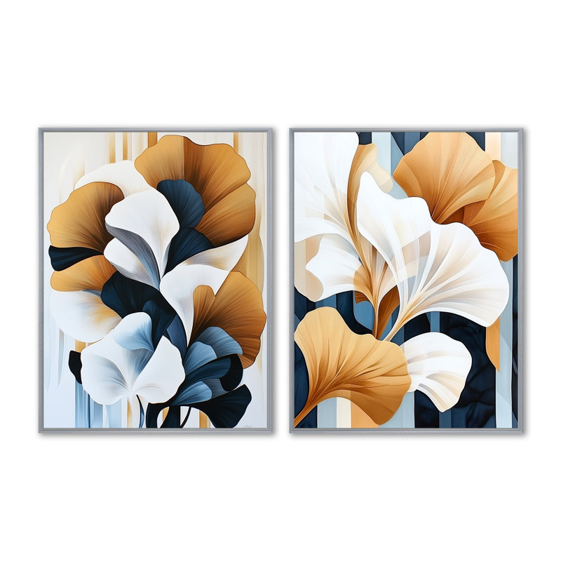 Ginkgo dans le silence doré I - Ensemble de 2 décorations murales Japandi, 32" H x 48" W, Silver Floater Framed