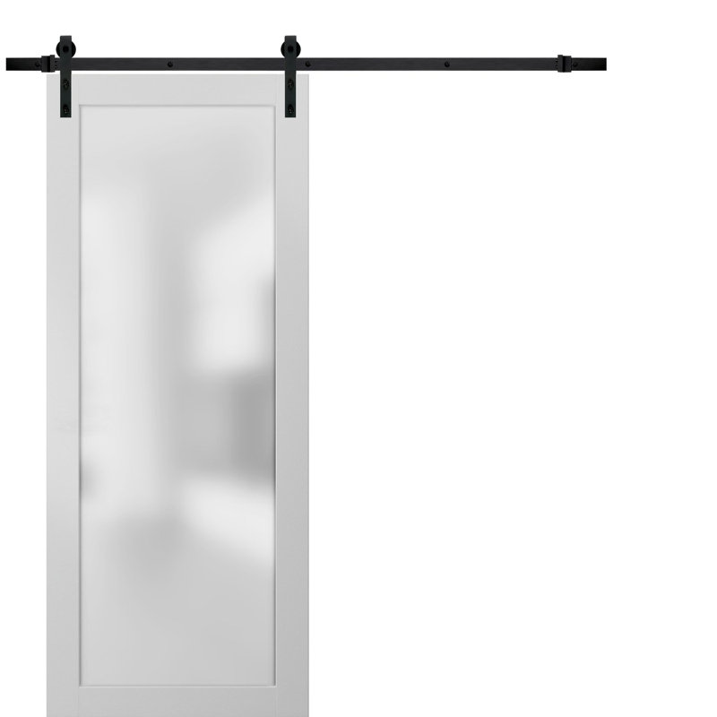 Porte de grange robuste en verre trempé dépoli Planum 2102 Blanc Soie de 2 m (6,6 pi) avec rails noirs et quincaillerie renforcée. Porte intérieure moderne à panneaux pleins - 81 cm x 244 cm (32 po x 96 po) - Verre dépoli - Rail noir