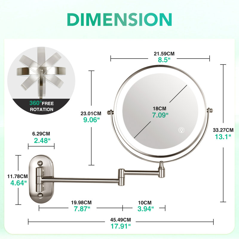 8.5" Round Metal Led Lighted Wall Mounted Makeup Mirror, 1x/15x Magnifying Bathroom Vanity Mirror, Nickel, Brushed Nickel