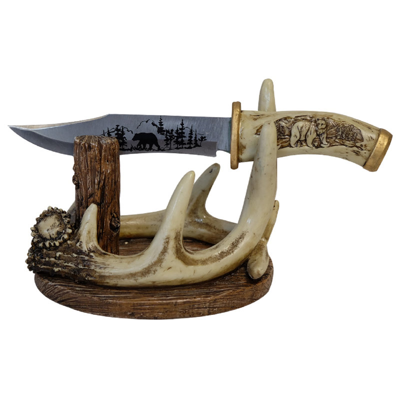 Mingoville Black Bear with Antler Accent Knife with Knife Stand Holder