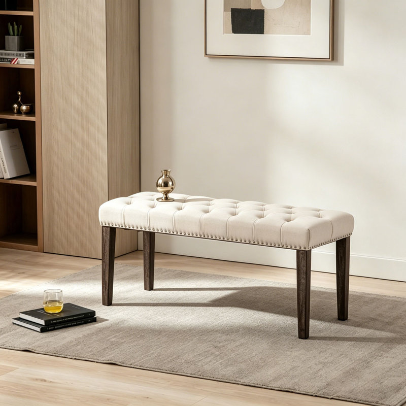 Upholstered Tufted Bench Ottoman , Velvet Dining Bench Bedroom Bench Footrest Stool Accent Bench, Beige