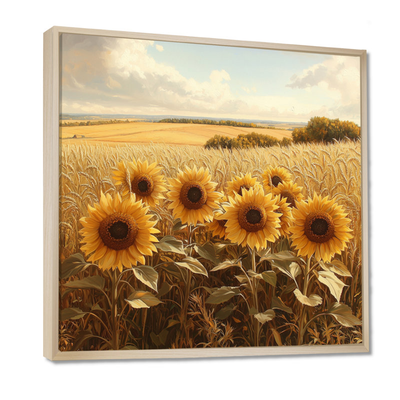 Domenik, campagne, tournesols, prairies I, art mural tournesols, Impression encadrée flottante, Crème, crème