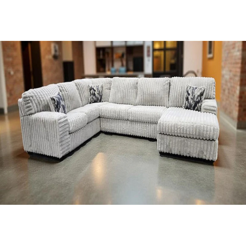 Grand canapé modulaire en forme de U Corsham en tissu rayé gris clair épais, Velours côtelé gris pâle