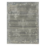 Rug & Kilim’S Block Print Rug With Gray Floral Vases And Vine Border