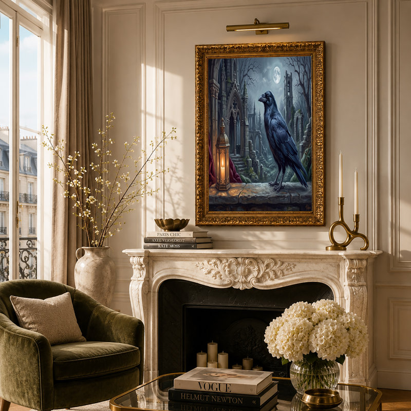 Toile noire sur fond de ruisseau noir perché sur des rebords au clair de lune, 32"H x 48"W