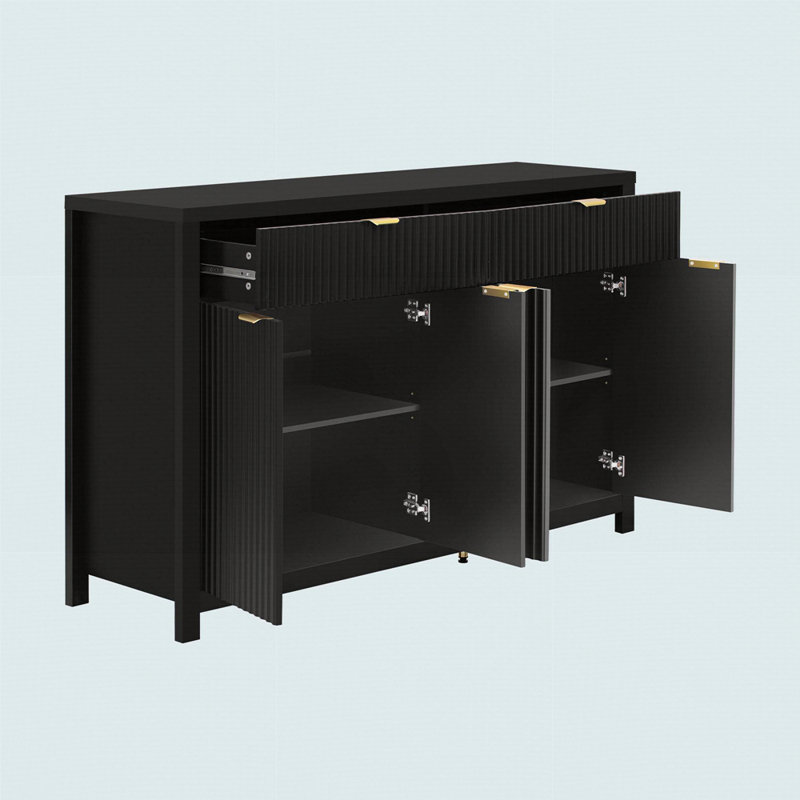 Modern Wave-Pattern Sideboard Cabinet With 2 Drawers And 4 Doors, 3-Level Adjustable Shelves, Black