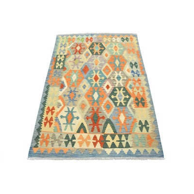 Tapis beige en laine noué à la main de conception unique 4 pi 2 po x 5 pi 10 po