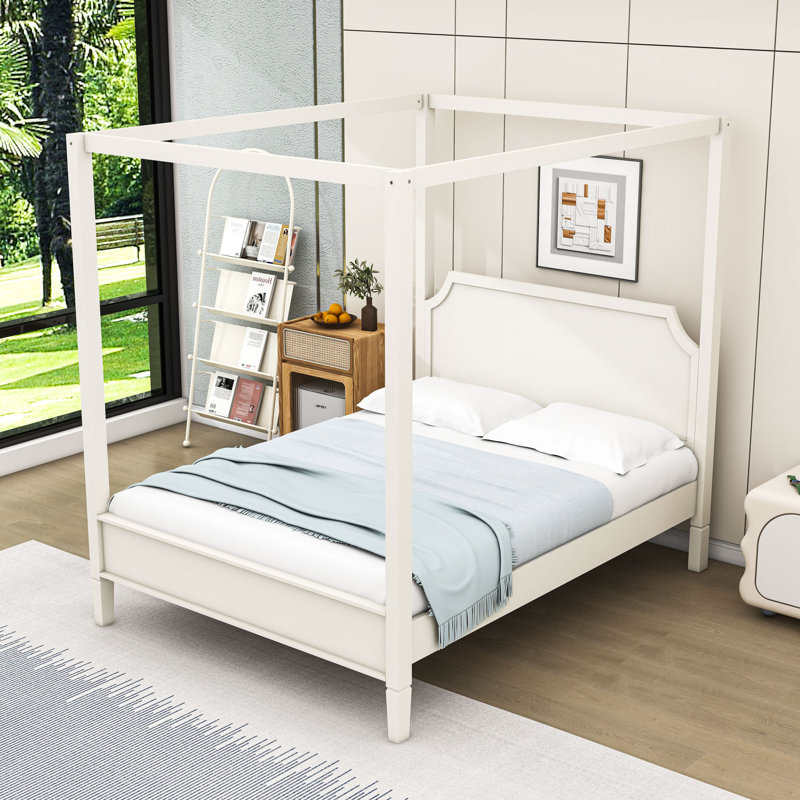 Lit plateforme à baldaquin en bois avec tête de lit, Blanc / crémeux, Grand lit