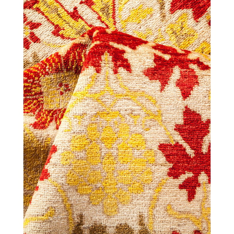 Tapis unique en laine noué à la main ivoire / rouge / jaune 8 pi x 10 pi