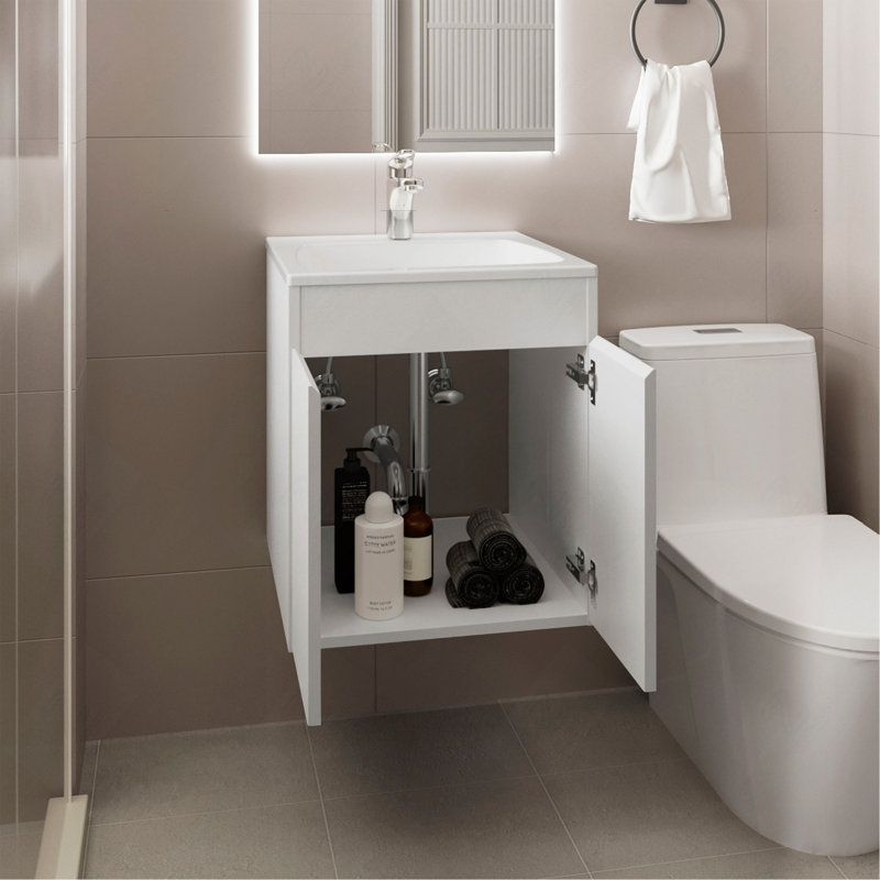 Meuble-lavabo de salle de bain Mek45 avec deux tiroirs et tablette ouverte, rangement mural, blanc, Blanc