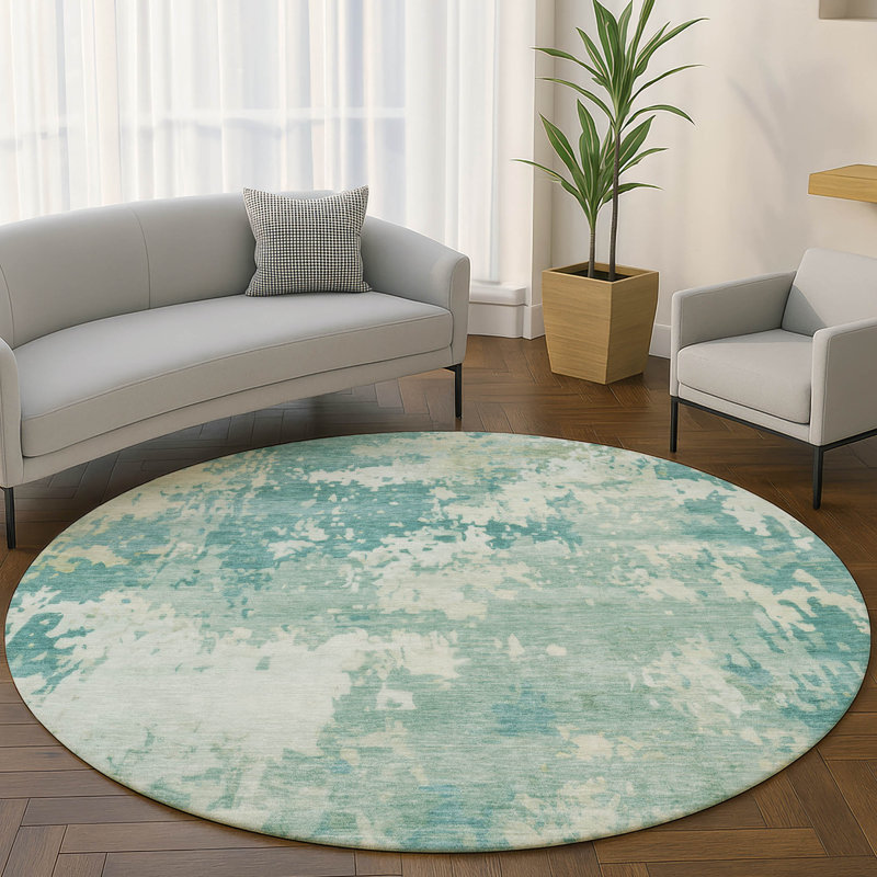 Premium Machine Washable Mayfield AMF2142 abstract Rug, Teal, 8' Round