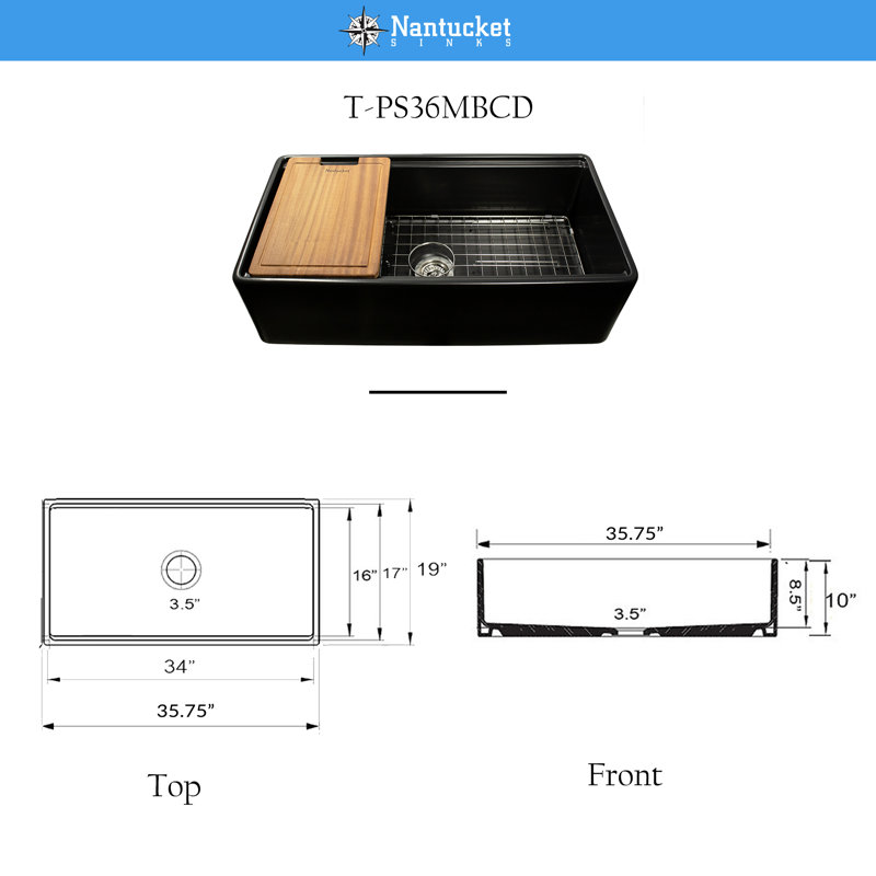 35.75 Inch European Fireclay Farmhouse Prep Station Sink, Matte Black