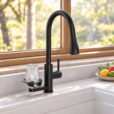 Pull-Down Kitchen Faucet with Cup Washer, 3-Function Sprayer & Deck Plate