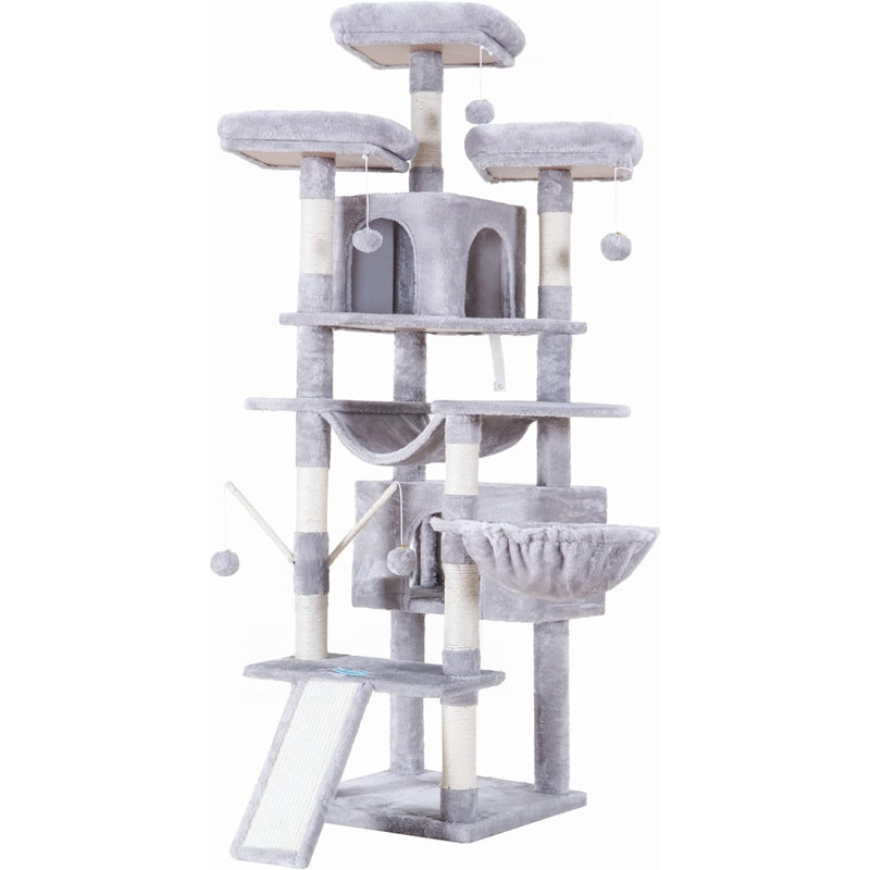 Cat Tree, 71 Inches XL Large Cat Tower For Indoor Cats, Multi-Level Cat House With 3 Padded Perches, Big Scratcher, Cozy Basket, 2 Cat Condos And Scratching Posts, MPJ034GR