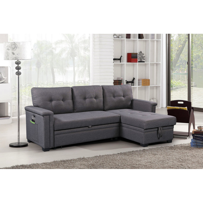 Canapé-lit modulaire réversible de 84 po avec méridienne de rangement, ports de chargement USB et poche, Lin gris