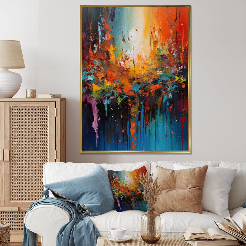 Orange, bleu sarcelle, fusion cubiste, art sur toile, Cadre flottant doré, H 40 po x l 30 po x P 1,5 po