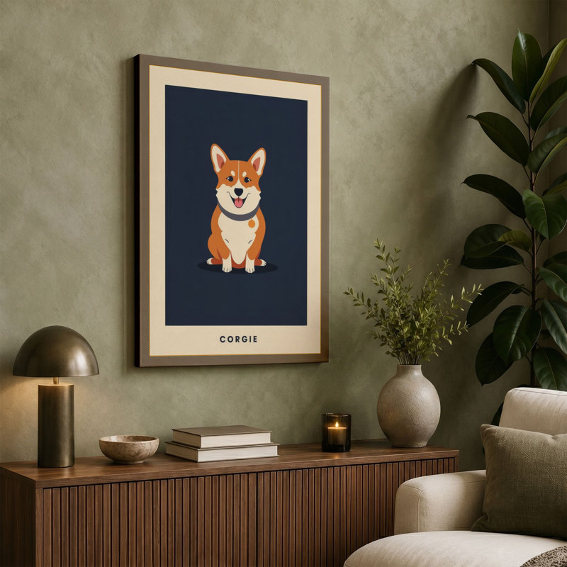 Cheerful Corgi Modern - Wrapped Canvas, 36x24 - 91.4 x 61.0 cm, Teal Border