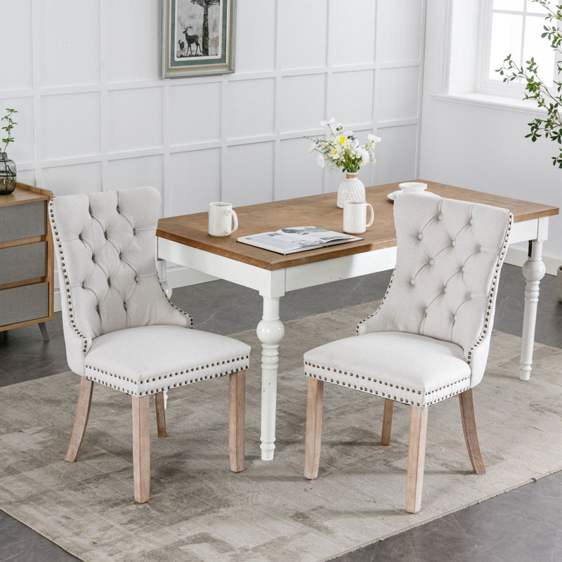 Chaise rembourrée Damine, Lin beige, Marron foncé