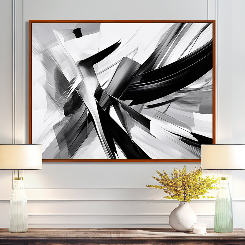 Abstrait abstrait vagues noires et blanches - Formes abstraites encadrées, Toile avec cadre flottant brun