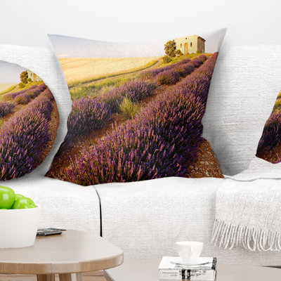 Chapel with Lavender and Grain Field - Floral Printed Throw Pillow