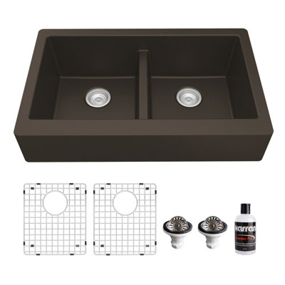 Karran Quartz 34'' X 21-1/4'' Double Bowl 50/50 Retrofit Farmhouse/Apron Front Kitchen Sink Kit