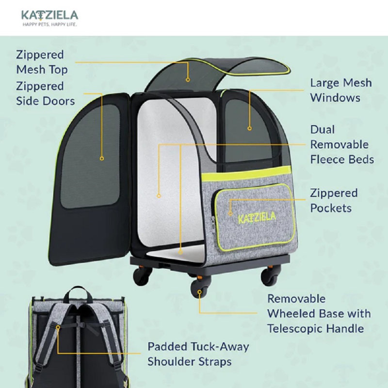 Gray and Green Soft-Sided Rolling Pet Carrier Backpack