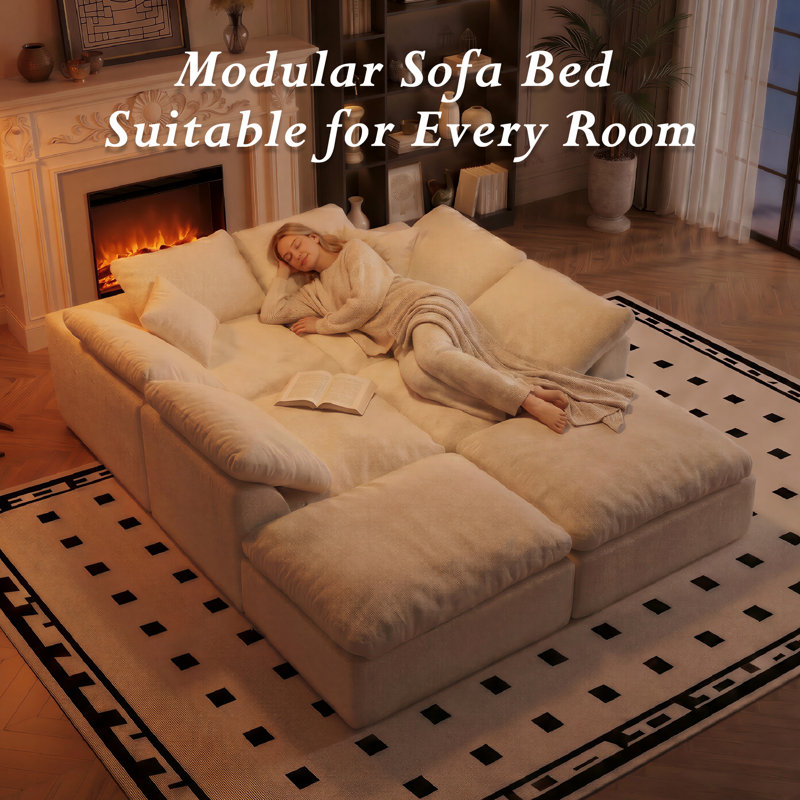 Canapé modulaire désossé de 139 po, canapé Cloud en U sans assemblage | Tissu chenille de qualité supérieure, mousse à mémoire de forme à haute densité, support de 1200 lb, conception modulaire mobile, lit de jour de salon, beige