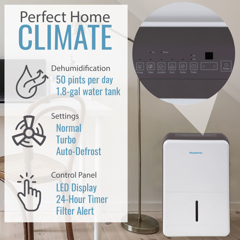 Keystone 50 Pint White Portable Dehumidifier with Built-in Pump